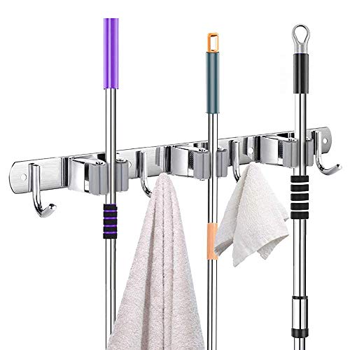 Soporte para fregona de escoba, de acero inoxidable, organizador de pared para cocina, garaje, organizador de herramientas de jardín, kit de montaje de tornillos o adhesivos, 3 bastidores y 4 ganchos Soporte para fregona de escoba, de acero inoxidable, organizador de pared para cocina, garaje, organizador de herramientas de jardín, kit de montaje de tornillos o adhesivos, 3 bastidores y 4 ganchos
