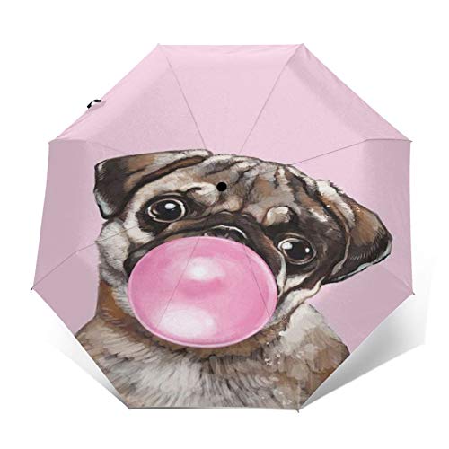 SUHETI Paraguas automático de Apertura/Cierre,Pink Cute Style,un Perro Sharpei soplando Chicle,Paraguas pequeño Plegable a Prueba de Viento