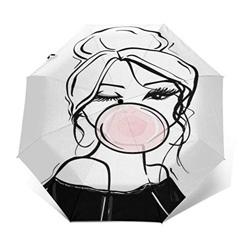 SUHETI Paraguas automático de Apertura/Cierre,Una Mujer Hermosa Elegante en un Vestido Que sopla un Chicle Rosa,Paraguas pequeño Plegable a Prueba de Viento