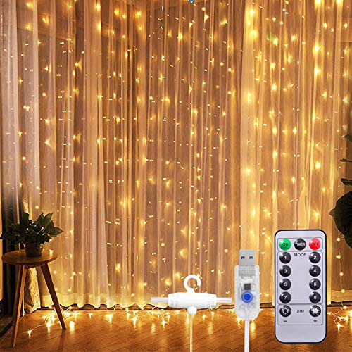 SUNNEST Cadena de luces navideñas de 300 LED con 8 modos de iluminación, luces con control remoto, con USB, para dormitorio, fiesta, boda, hogar, jardín, decoración de pared, (blanco cálido)