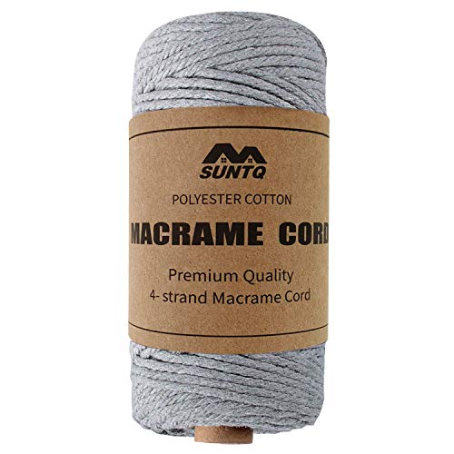 SUNTQ Cordón de macramé Algodón de poliéster trenzado de 4 hilos 3mm x 100m Cuerda de algodón suave para colgar plantas artesanales Colgar artesanías, decoración de tejer, gris claro