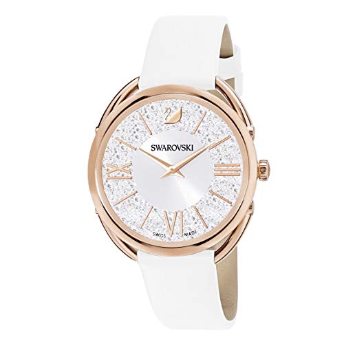 Swarovski Women's Crystalline Glam Watch, White Swarovski Crystals with Rose-gold Tone Plating, Wristwatch with White Leather Strap