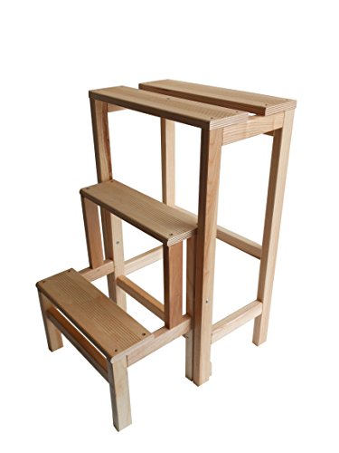 Taburete con escalera de madera de haya natural plegable, ahorra espacio, 3 peldaños