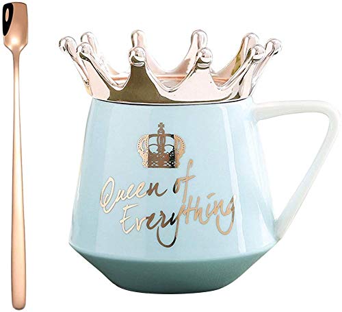Taza de café de cerámica de 12 onzas con taza de corona taza dorada taza de café o té nacido azul claro