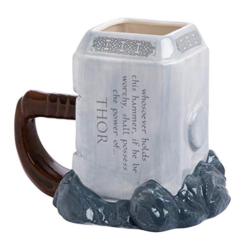 Taza de cerámica 3D, Taza de café Creativa de Dibujos Animados, Forma clásica de Martillo Thor, Utilizada para la colección de Regalos Decorativos, 450 ml, Gris