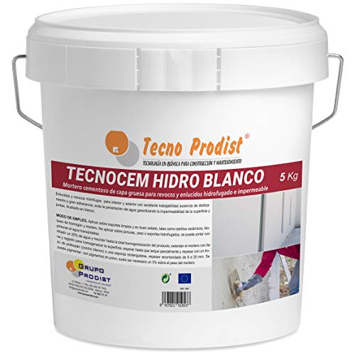 TECNOCEM HIDRO de Tecno Prodist - (5 Kg) - Mortero cemento de capa gruesa para revocos y enlucidos, hidrofugado e impermeable de color blanco.