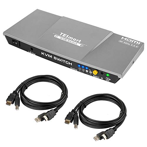 TESmart 2x1 KVM HDMI Switch Conmutador 4K Switcher 3840x2160@60Hz 4:4:4 con 2 Cables KVM de 5ft/1,5m Admite Dispositivos USB 2.0 Control hasta 2 Computadoras/Servidores/DVR (Gris)