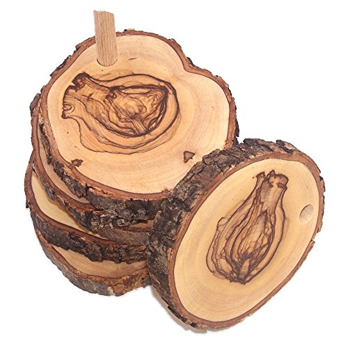 Tierra santa mercado de madera de olivo tallada a mano Naturales Posavasos Set de 5 Plus base con salida de Asfour marca About 8,89 cm de cada