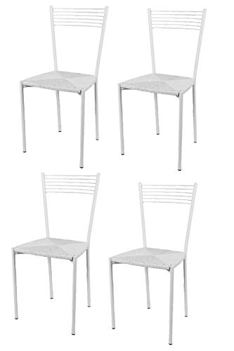 Tommychairs - Set 4 sillas Elegance para Cocina, Comedor, Bar y Restaurante, Estructura en Acero Pintado Blanco y Asiento en Paja Color Blanco