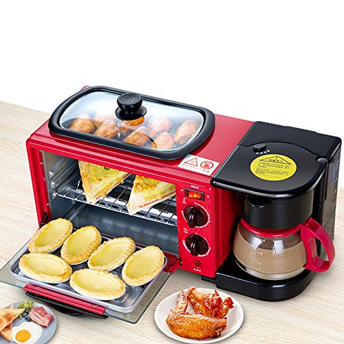 Tostador de Raxinbang Rojo 3 En 1 Multifuncional Tostadora 9L Desayuno Automático Mini Hogar Horno Cafetera De Acero Inoxidable Sartén