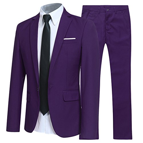 Traje de 2 piezas para hombre compuesto por chaqueta y pantalones, ajuste estrecho, para boda, cena,negocios, casual, disponible en 10 colores Morado Morado ( M