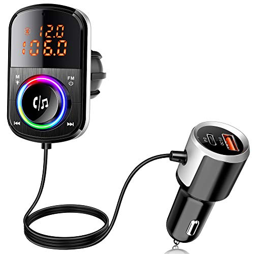 Transmisor FM Bluetooth, [9 Modos de Luz] Bluetooth Coche 2 USB PD18W QC3.0 Carga Rápida Manos Libres Coche con Pantalla LED Doble, Support 64 G TF Card, Voice Assistant, Cable de 1.1M