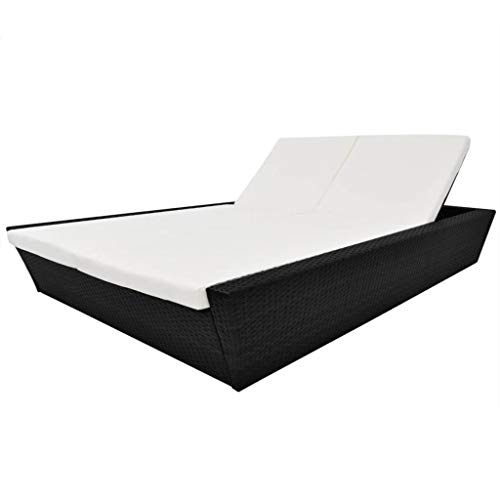 UnfadeMemory Tumbona Doble Jardin con Respaldo Ajustable y Cojines,Muebles de Jardín o Playa,Marco de Acero,Ratán Sintético,200x138,5X(30-73) cm (Negro)