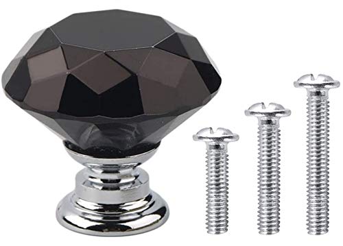 Vandicka 20 Piezas Pomos de cristal, tiradores cristal para cajones, armarios, puertas, mesitas de noche, diamante negro + base plateada, 30mm