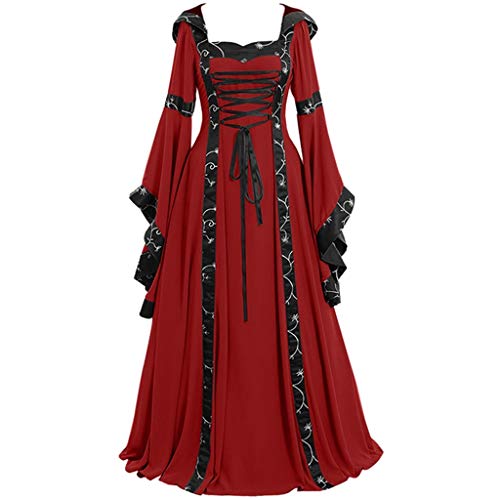 VEKDONE Vestido gótico Vintage para Mujer, Talla Grande, Vestido Retro de Renacimiento Medieval para Cosplay - Rojo - Large