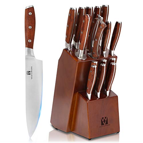 Vestaware - Juego de cuchillos de cocina, 16 piezas, con afilador de cuchillos, tijeras de cocina, madera de bloque, 6 cuchillos de carne de acero inoxidable