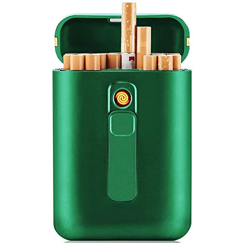 VIY Caja de Cigarrillo, con Encendedor, 20 Piezas de Cigarrillos Regulares, portátil, tamaño King, encendedores USB, 2 en 1, Recargable, Sin Llama, Resistente al Viento, Encendedor eléctrico,Verde