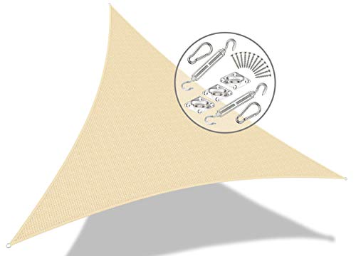VOUNOT Toldo Vela de Sombra Triangular 5 x 5 x 5 m, Incluye 19 Kits de Montaje, Protección Rayos UV y HDPE Transpirable, para Exterior, Jardin, Patio, Beige