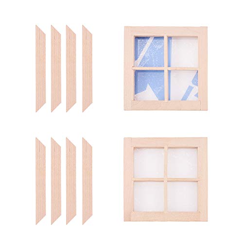 WANDIC Ventanas de casa de muñecas, 2 Piezas de 4 Paneles de Madera sin Pintar, Escala 1:12 Mini Marco de Ventana para Bricolaje casa de muñecas o Modelo de Ciudad Accesorio