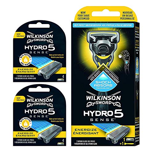 Wilkinson Sword - Maquinilla de Afeitar Hydro 5 Sense Energize + 8 Recambios de Cuchillas de Afeitar, Menta Energizante - Maquina de afeitar de 5 cuchillas con amortiguador Shock Absorb