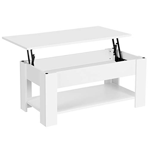 Yaheetech Mesa Elevable de Centro 98 x 50 x 55 cm con Revistero Mesa de Salón para Café Comedor Estilo Moderno con Estante Almacenamiento Blanco