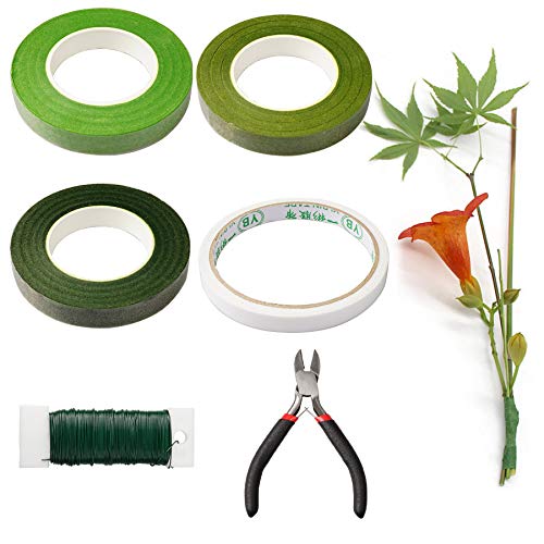 YEYIT Herramientas Para Arreglos Florales de Seis Piezas,Cinta de Corte de Alambre de Acero y Papel de Regalo, 22 Especificaciones Línea de Pedúnculo de 0,7 mm, Adhesivo de Doble Cara Verde