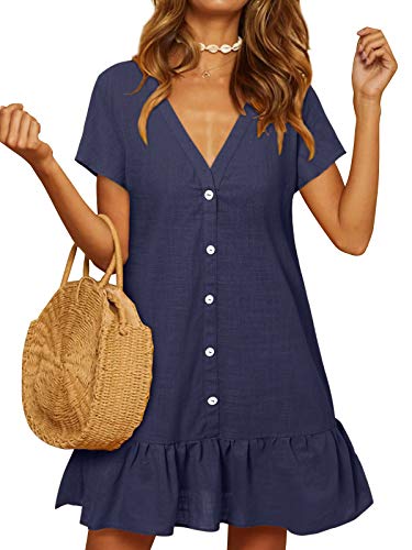 YOINS Vestido de verano para mujer, de manga corta, con cuello en V, de gasa, con botones, camiseta, túnica