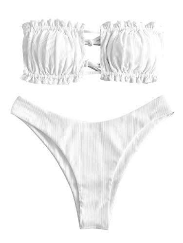ZAFUL Conjunto de bikini acolchado para mujer, de un solo color, con nudos, cintura baja, sexy, tanga de verano Blanco L