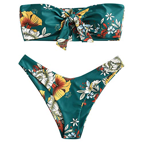 ZAFUL Conjunto de bikini de dos piezas sin tirantes, con nudo delantero, estampado floral, corte alto, para mujer Azul verdoso. S