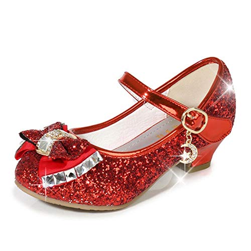 Zapatos de princesa para niñas sandalias de tacón alto con purpurina brillante y diamantes de imitación para bebés de fiesta, color rojo, 34
