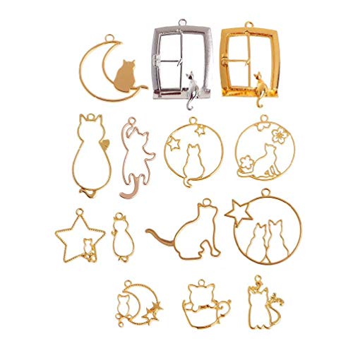 14 colgantes de bisel con parte trasera abierta, diseño de gato, marco de resina, marco abierto, para hacer joyas, colgantes con marco geométrico