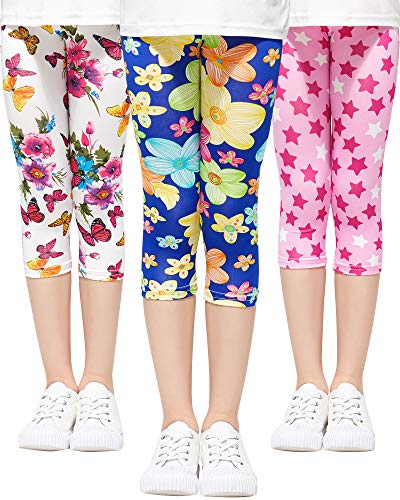 Adorel Leggings 3/4 Pantalón Stretch Impreso Niña Lote de 3 Floral & Mariposa & Estrella (Jardín Serie) 7-8 Años (Tamaño del Fabricante 140)
