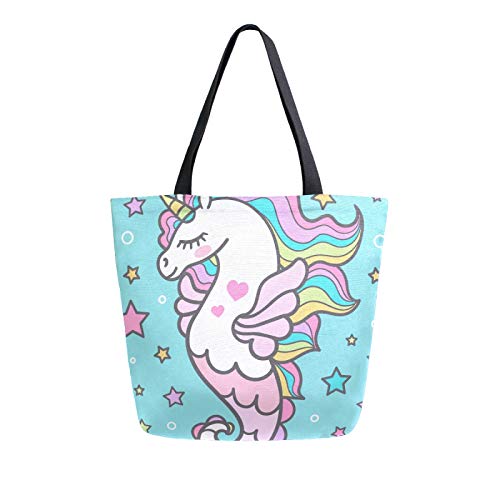 Ahomy Bolsa de lona de caballito de mar con diseño de unicornio y estrellas para mujer, bolsa de hombro reutilizable