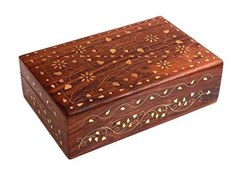 Ajuny Hand Crafted Wooden Decorative Trinket Jewelry Box Organiser with Mughal Inspired Floral Carvings & Brass Inlay-Centre Flower