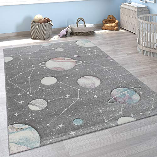 Alfombra Infantil Juego Planetas Y Estrellas para Dormitorio Niños En Gris, tamaño:140x200 cm