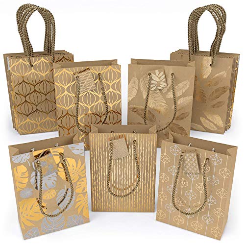 Arteza Bolsas de regalo | 24 x 17.8 x 8.6 cm | 15 bolsas surtidas | 5 diseños originales de láminas metálicas | 3 bolsas de cada diseño | Papel kraft | para regalos de cumpleaños y de boda