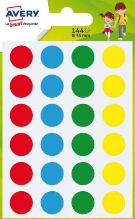 Avery PASMX15 - Lote de etiquetas, 15 mm de diámetro, 144 unidades, color verde, rojo, amarillo y azul
