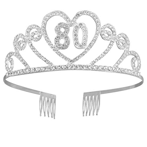 Beaupretty Corona Cumpleaños 80 Años Diseño de Corazón Diadema Cumpleaños Tiara Cristal con Peineta Accesorio de Pelo para Mujeres (Plateado)