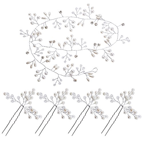 BETESSIN Kit Perla Tocado de Novia para Pelo - 1pc Tiaras de Novia Cristal Diadema Nupcial de Flores Corona + 4pcs Horquillas para Pelo Hecho a Mano de Color Plata para Boda Fiesta Velada