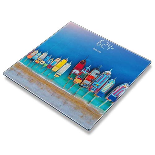 Beurer GS-215 - Báscula digital de vidrio con diseño barcas, pantalla LCD invisible, dígitos 2.7cm, 180 kg / 100 gr, vidrio seguridad, indicador batería baja, multicolor
