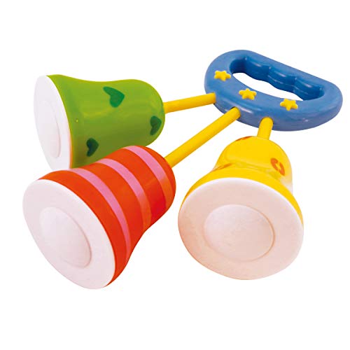 Bieco 41002136 - Sonajero con mango y 3 campanas de colores, sonajero para bebés a partir de 3 meses de edad, multicolor