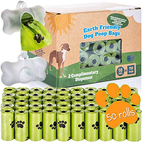 Bolsas de caca de perro orgánicas con dispensador Bolsas de caca de perro compostables con dispensador 100% biodegradables con correa (750 bolsas: 50 rollos + 2 dispensadores)
