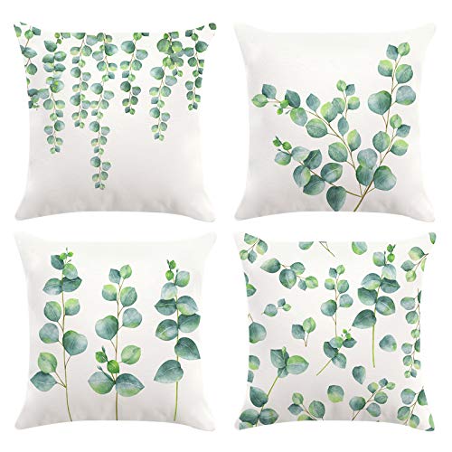 Bonhause Juego de 4 Funda de Cojín 45x45cm Hojas de eucalipto Plantas Verdes Terciopelo Suave Fundas de Almohada para Cojines Decorativos para Sofá Cama Coche Hogar