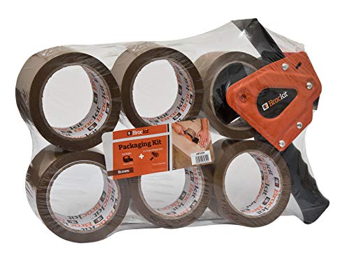 Brackit MT2259 - Cinta de embalaje marrón con dispensador, 48 mm x 66 m, paquete de 6 rollos, cinta de embalaje resistente para uso regular o mudanzas, sellado fácil de paquetes y cajas