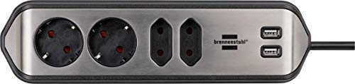 brennenstuhl®estilo regleta de enchufes en forma esquina con 4 tomas de corriente para cocina, oficina y encimera (montable sin perforación, carga USB, acero inoxidable) plata/negro