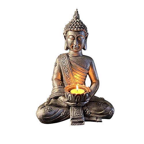 Buda con portavelas, figura de Buda, estatua Zen de loto, decoración para interiores y exteriores, decoración para el hogar, patio con vela, aspecto de bronce antiguo