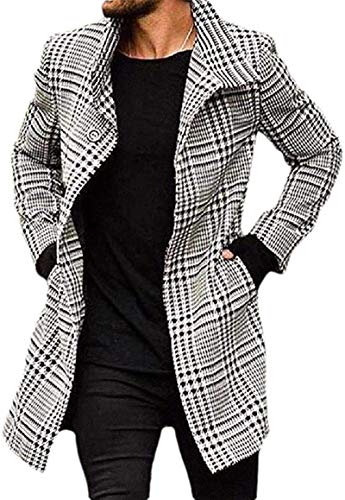 BUTERULES Men Single Breasted Fall Winter Plaid Mid Length Lapel Pea Coat Trench Jacket Overcoat