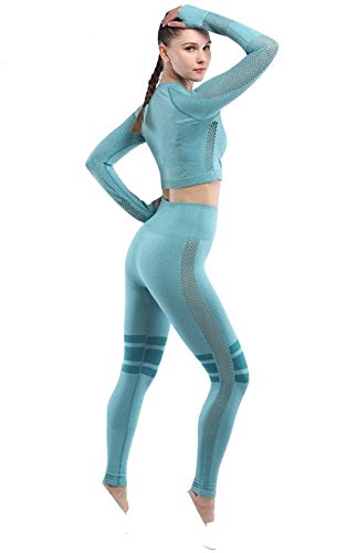 C K CrisKat Conjunto de Ropa Deportiva para Mujer Top de Running de Manga Larga de 2 Piezas Sin Costura Pantalones de Cintura Alta Yoga Gym Wear (Verde, L)