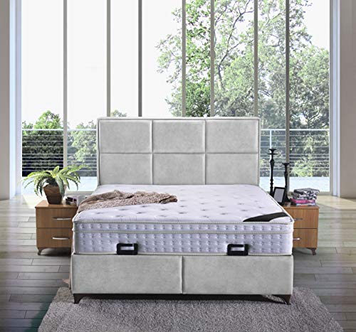 Cama canapé Madrid con canapé de tela, cama doble de hotel, color blanco, tamaño 180 x 200 cm