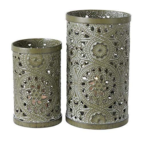 Candelabro de metal para velas de té, juego de 2 unidades, varios colores, verde grisáceo, con adornos florales, altura 13-16 cm, diámetro 10-13 cm